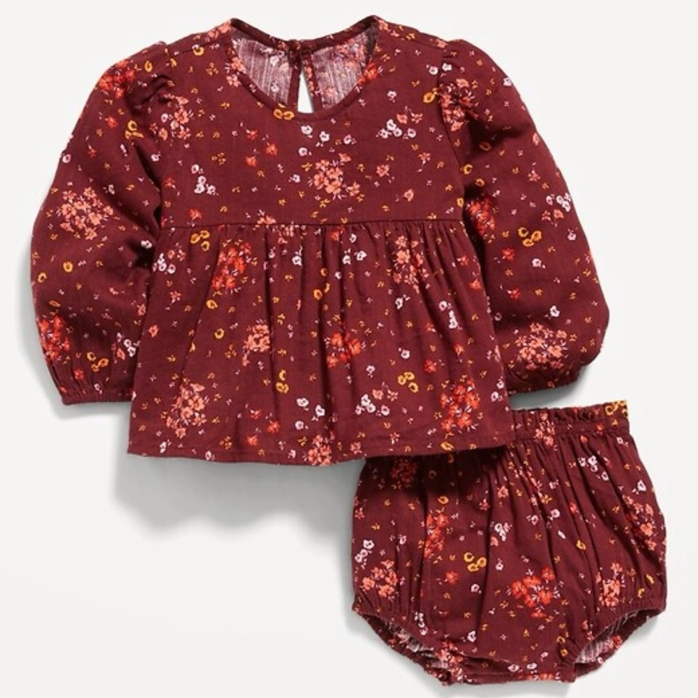 Old Navy Burgundy Floral Matching Long-Sleeve Smocked Top & Bloomer Shorts Set